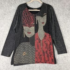 VTG Ki Meng Tunic Top Womens Large Metallic Glitter Stretch Knit 80s Deco Artsy